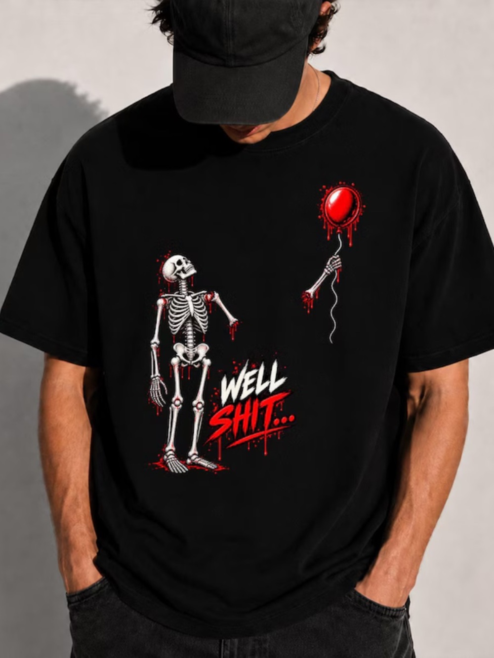 Gildan Black Men’s Short-Sleeve Tee with Red Skeleton & Balloon Graphic